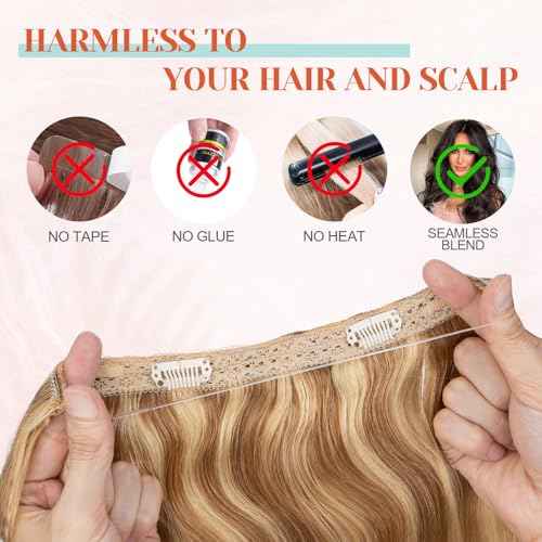 Benehair Halo Hair Extensions Real Human Hair, Blonde Halo Hair Extension 100% Human Hair, Wavy Halo Extensions Human Hair, Wire Hair Extension, Golden Brown&Bleach Blonde 55g/12inch