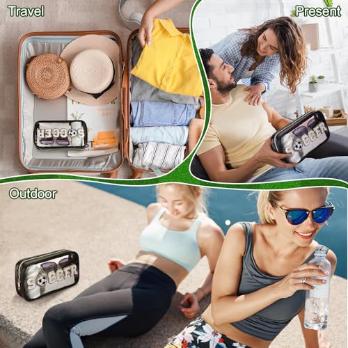 12 Pcs Soccer Clear Cosmetic Makeup Bag with Chenille Letter Patch Sport Goodie Clear PVC Pouch Organizer Waterproof Travel Toiletry Bags for Sports Theme Birthday Party Supplies