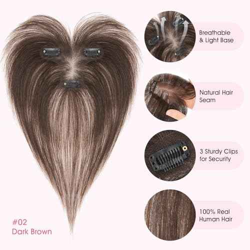 Hairro Human Hair Toppers with Wispy Bangs, 3D 360¡Æ Seamless Real Hair Toppers, Hand-Tied with 3.5"x4.7" T-shaped Base, Clip-In Hairpieces to Add Volume on Top, 11 Inch Dark Brown