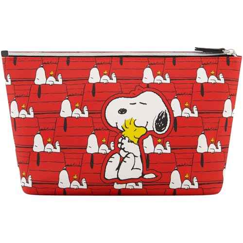 Peanuts Snoopy and Woodstock Women's Makeup Bag, Small Travel Cosmetic Zipper Pouch Organizer, Red