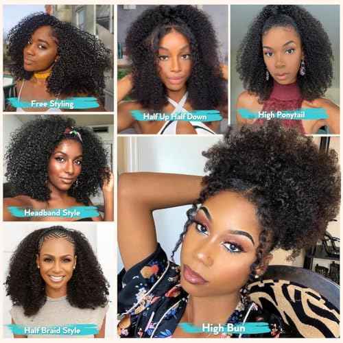 Kinky Curly Half Wig Human Hair 200% Density Wear Go Glueless Wigs Human Hair 20 Inch Curly 3 In 1 Half Wigs for Women Drawstring Seamless Flip Headband Wig Beginner Friendly