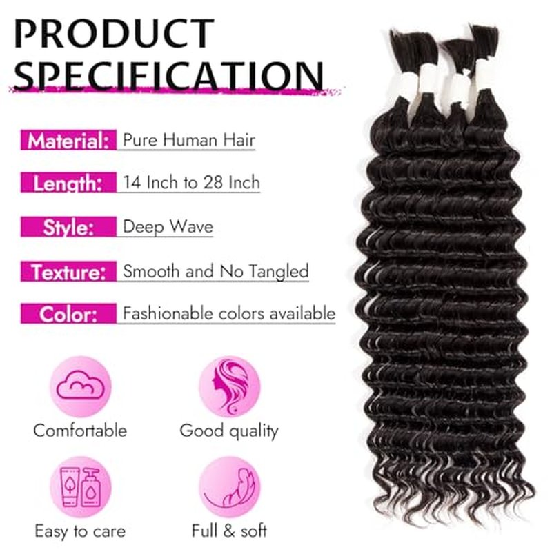 24" Boho Deep Wave Human Braiding Hair - 100g, 4 Bundles