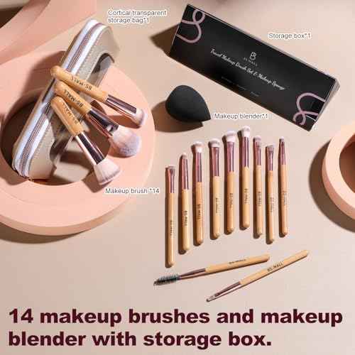 BS-MALL 14 Pcs Makeup Brushes Set with 1 Pcs Makeup Sponge ? Essential Foundation Powder Concealers, Eye Shadows, Blush Makeup Brushes with Travel Makeup Case (Bamboo)