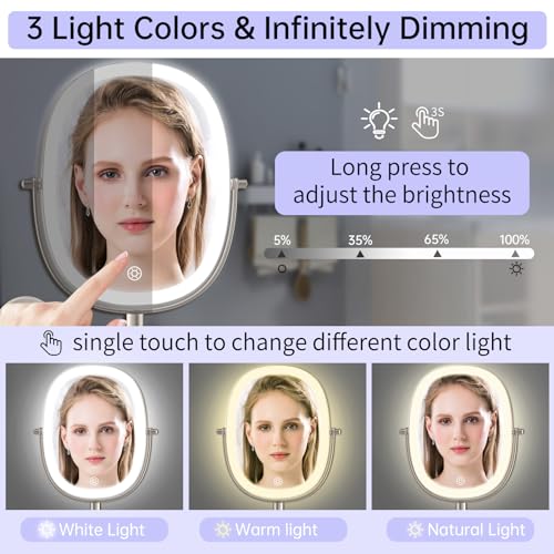 FUNTOUCH Rechargeable Wall Mounted Lighted Makeup Mirror, Oval Double-Sided Mirror 1X/10X Magnifying Mirror,3 Color Lights Touch Screen Dimmable 360¡ÆSwivel 13 Inch Extendable,Nickel