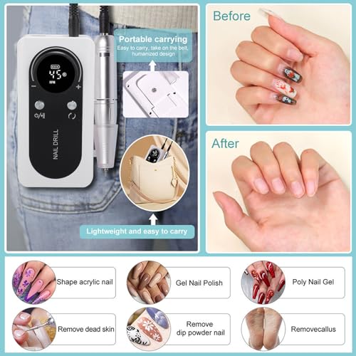 Yunir Electric Nail Drill Machine Portable, Rechargeable 45000rpm Speed Manicure Pedicure Kit, Nail Grinding Tool with Multiple Grinding Heads, for Nail Grind Trim Polish