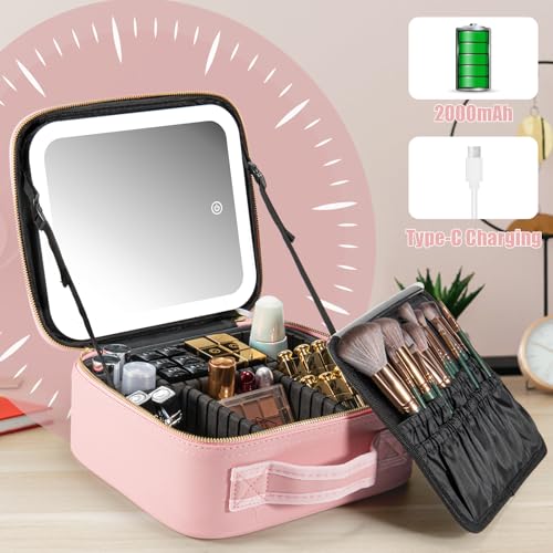 Makeup Travel Case with LED Mirror & Adjustable Compartments