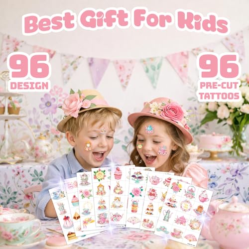 96 PCS Spring Floral Tea Party Temporary Tattoos for Kids