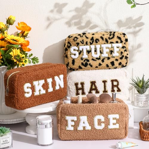 Paterr 4 Pcs Christmas Chenille Letter Preppy Patches Makeup Pouch Bag Plush Fuzzy Makeup Pouch Hair Skin Face Stuff Bag Large Cosmetic Purse Zipper Travel Toiletry Kit for Gift(Brown Colors)