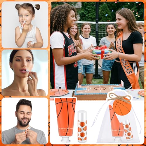 144 Pcs Basketball Lip Balm Hand Cream Set Party Favors, Include 36 Basketball Lip Balm 36 Moisturizing Hand Cream 36 Bags 36 Orange Gift Cards and Ropes for Man Women Accessories Gifts