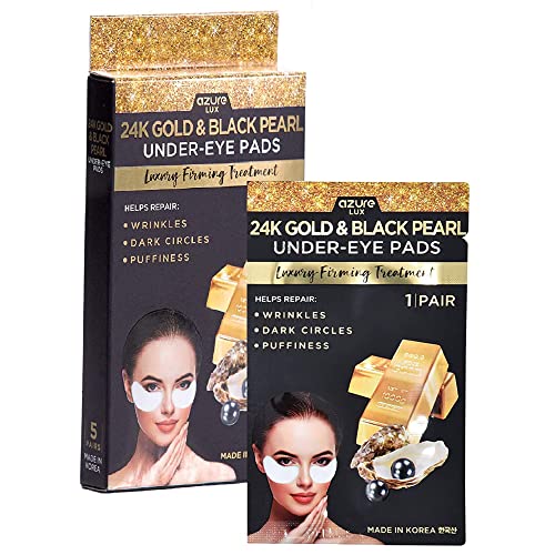 Azure Cosmetics 24K Gold & Black Pearl Luxury Firming Under Eye Pads - Moisturizing & Restoring Eye Mask Patches - Reduces Fine Lines, Wrinkles, Dark Circles & Puffiness - Made in Korea - 5 Pairs