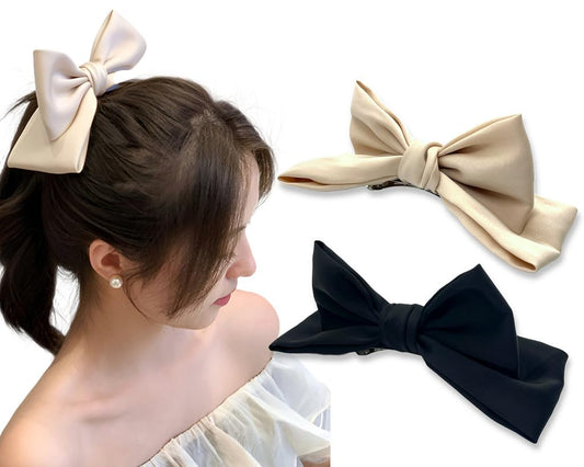 Bows Hair Barrettes Clips for Women 2 Pcs Silky Satin Vertical Hair Bow Black Beige Bowknot Ponytail Ribbon for Girls Holiday Party Birthday Gift