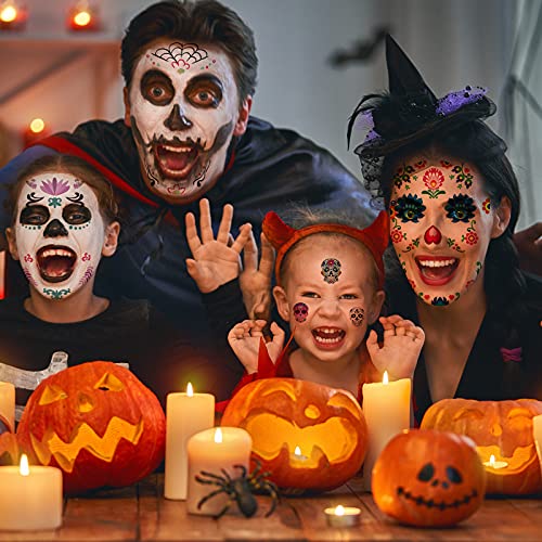 12-Pack Halloween Sugar Skull Face Tattoos, Day of Dead Temporary Makeup