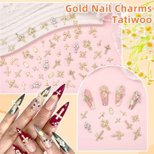 60 Pcs Gold Coss Nail Charms, 12 Styles 3D Cross Gold Nail Charms Crosses Star Nail Charm and Gems, Mixed Crosses Golden Charm for Acrylic Nails Y2K DIY Accessories