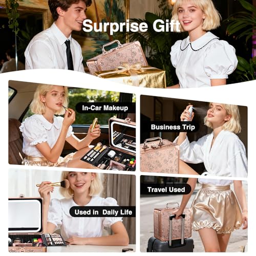 Makeup Case with Magnetic Lighted Mirror & LED Light - Rose Gold