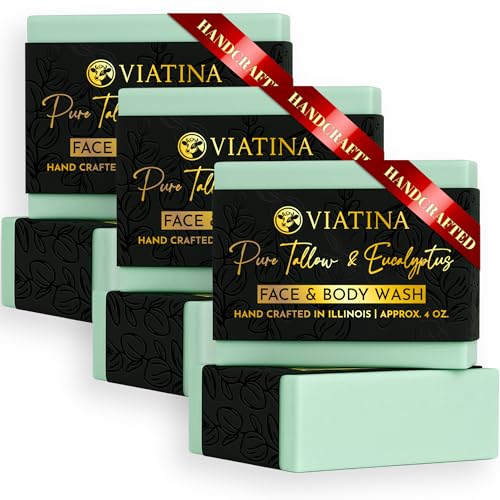 100% Beef Tallow Soap Bar Grass Fed - Natural Tallow Soap Bar for Women & Men - Eucalyptus Beef Tallow Soap - Handmade Grass Fed Tallow Soap made in USA - 3 Pack
