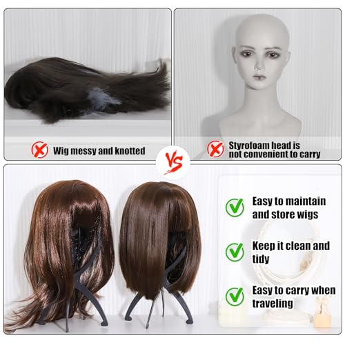 Obeoby Portable Wig Stand Set - Black 2 Pack, Foldable & Lightweight for Wigs, Travel & Salon Use