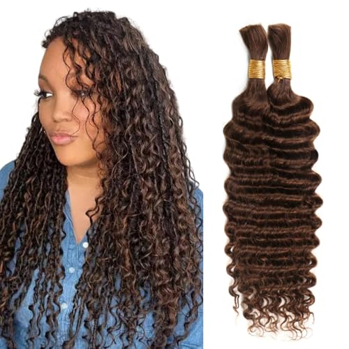 Freiuoke Deep Wave Human Braiding Hair #4 Brown 22 Inch | Boho Knotless Braid Bulk Extensions