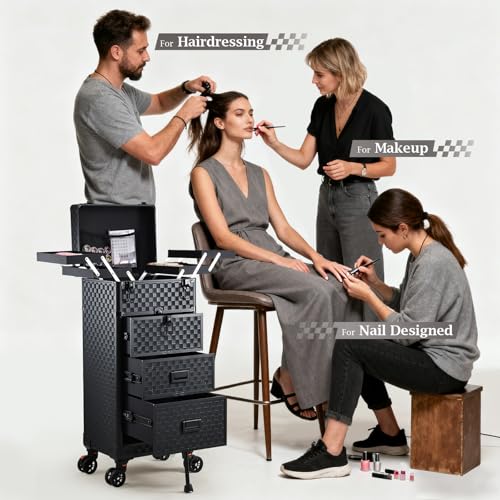 Rolling Makeup Case with 3 Drawers & Foot Stand for Artists