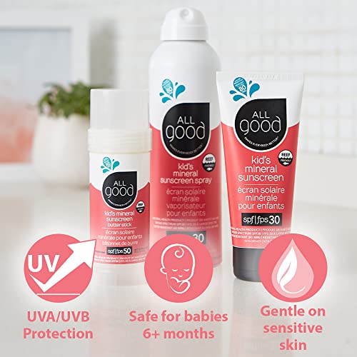 All Good Baby & Kids Mineral Face & Body Sunscreen - UVA/UVB Broad Spectrum, Coral Reef Friendly, Water Resistant, Zinc Oxide - 30 SPF (2) Sprays & (2) Lotions