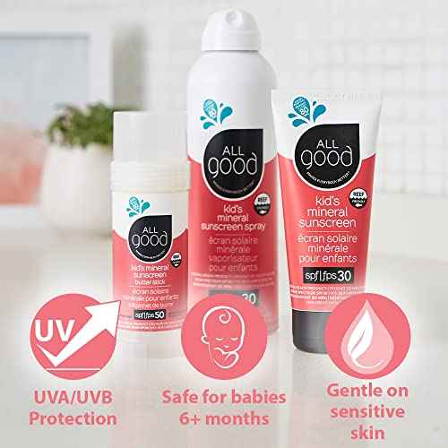 All Good Baby & Kids Mineral Face & Body Sunscreen - UVA/UVB Broad Spectrum, Coral Reef Friendly, Water Resistant, Zinc Oxide - (2) SPF 50 Butter Sticks & (2) SPF 30 Lotions