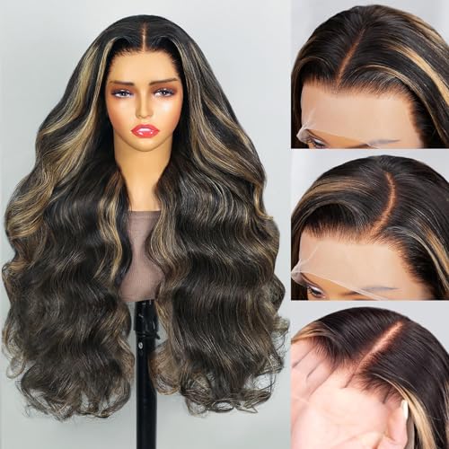 MEGALOOK Highlight Ombre HD 13x4 Lace Front Wigs Human Hair Pre Plucked 200% Density Balayage Wig Human Hair Body Wave Lace Front Wigs Human Hair for Women FB27# 24 Inch