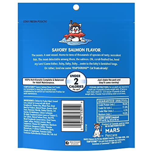 TEMPTATIONS Classic Crunchy and Soft Cat Treats Savory Salmon Flavor, 6.3 oz. Pouch (Pack of 10)