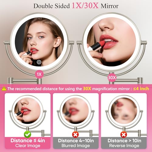 FASCINATE Brush Nickel Wall Mounted Makeup Mirror with Lights 30X/1X Double-Sided