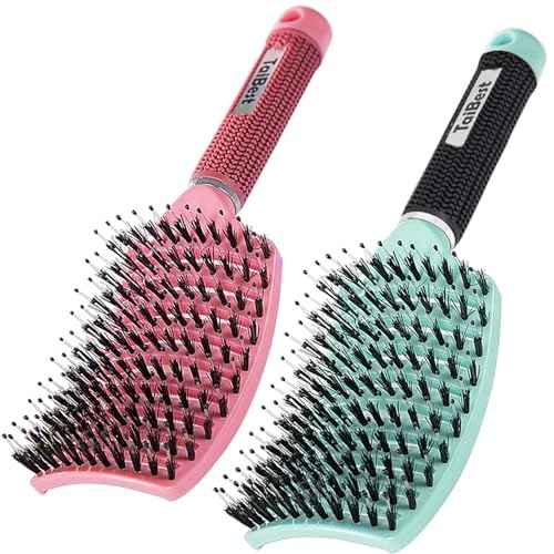 Boar Bristle Brush Set - Dry/Wet Detangler for Fine, Thick, Curly Hair - Curved and Vented Brush for Women, Men or Kids (Green & Apricot Pink)