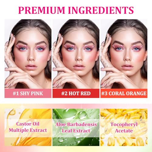 3PCS Blush Stick for Cheeks,Multi-use Solid Matte Makeup Stick Blush Cream for Cheek Eyes and Lips Tint,Moisturizing Tinted Cream Blush,Natural Blendable Cheek Blusher with 3 Makeup Sponges