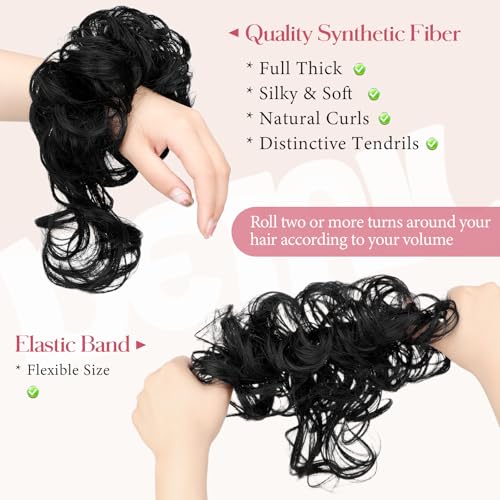Messy Bun Hair Piece with Tendrils - Wavy Curly Ponytail Extensions (2 Pack)