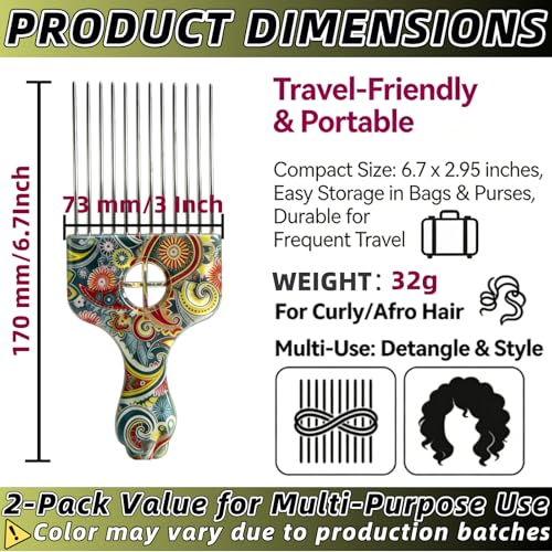 2 Pack Stainless Steel Afro Pick Comb for Curly Hair Styling