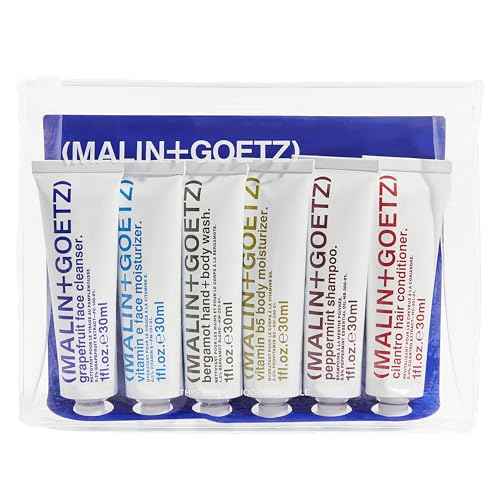 Malin + Goetz Essentials Starter Kit, Set of 6, 1 Fl. Oz. ? Face Cleanser, Face Moisturizer, Hand & Body Wash, Body Moisturizer, Hair Shampoo & Conditioner - Travel Size Toiletries