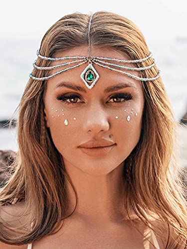 EARENT Boho Layered Beaded Head Chain Sparkly Crystal Headpiece Colorful Beads Costume Forehead Chains Summer Beach Hair Accessories for Women (B-Blue purple)