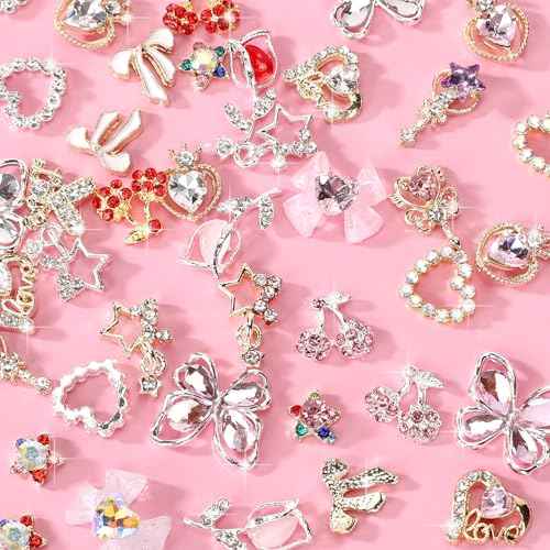 24PCS Nail Charms Y2k Alloy Nail Art Rhinestone Charms 3D Heart Star Bow with Rhinestones Cherry Nails Gems Shiny Jewelry Nails Decorations Accessories Supplies (AD24)
