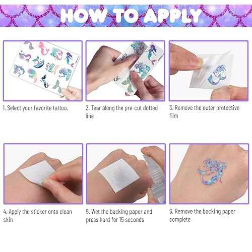 96 PCS Mermaid Ocean Sea Pre-Cut Temporary Tattoos for Kids | Super Cute Themed Birthday Party Favors, Supplies, Decorations, Purple Fake Tattoo Stickers (Multiple)