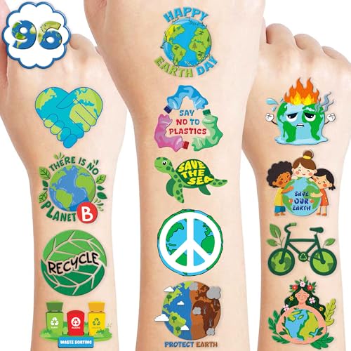 96 PCS Earth Day Environment Pre-Cut Temporary Tattoos for Kids | Super Cute Themed Birthday Party Favors, Supplies, Decorations, Fake Tattoo Stickers, School Rewards Prizes & Gifts Boys & Girls