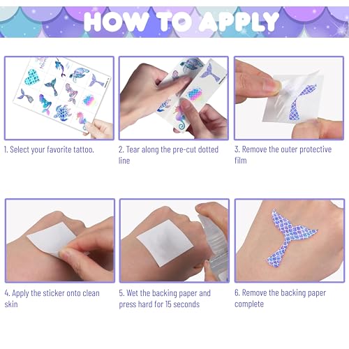 96PCS Mermaid Pre-Cut Temporary Tattoos for Kids - Cute Under the Sea Party Favors, Perfect for Ocean Mermaid-Themed Birthdays, School Rewards, and Baby Showers (Normal)