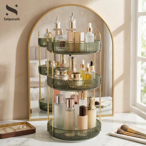 Satpurush 3-Tier Clear Green Rotating Makeup Organizer for Vanity & Bathroom