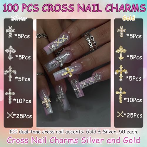 100 Pcs Cross Nail Charms Gold and Silver, 50 Each, Y2K 3D Silver Gold Charms Accessories for Nail Decorations