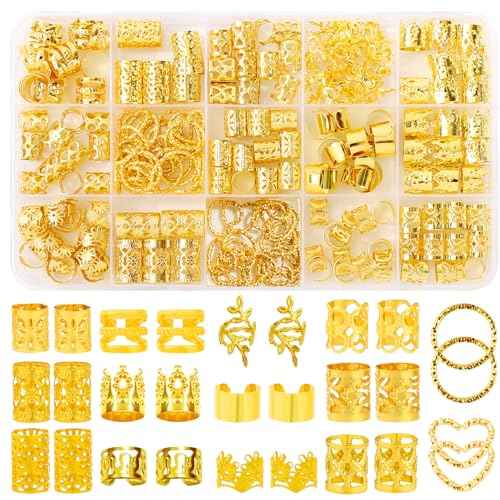 190 Pcs Gold Hair Jewelry for Braids & Dreadlocks - Loc Jewelry with Ring Cuffs, Clips, Charms & Decorations for Men, Women & Girls
