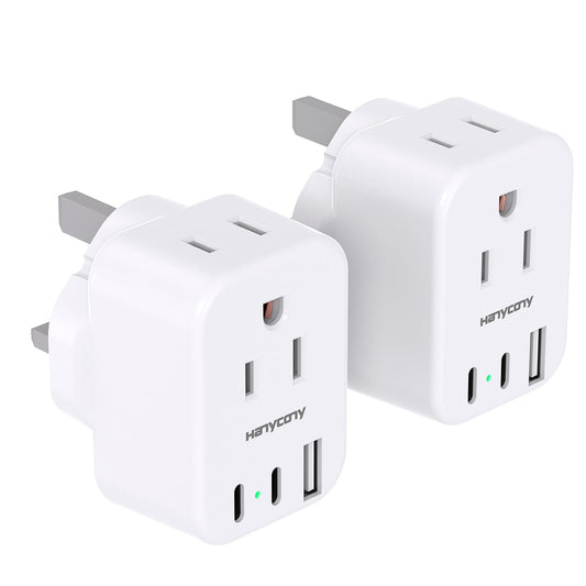 UK Travel Plug Adapter, US to UK Type G Ireland Travel Adapter with 2 Outlets 3 USB Ports(2 USB C), UK Power Adaptor for USA to Dubai England London Scotland British Kenya Qatar Irish HongKong, 2 Pack