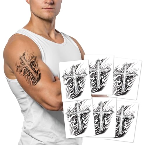 6-Sheet Gothic Cross Temporary Tattoos | Waterproof Fake Tattoos for Men