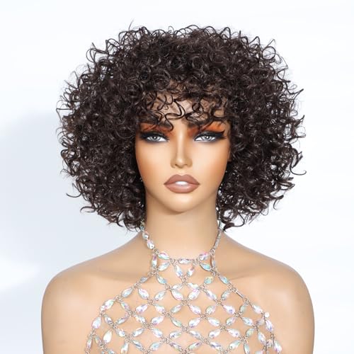Brown 4A Curly Wig with Bangs - Glueless Afro Wig