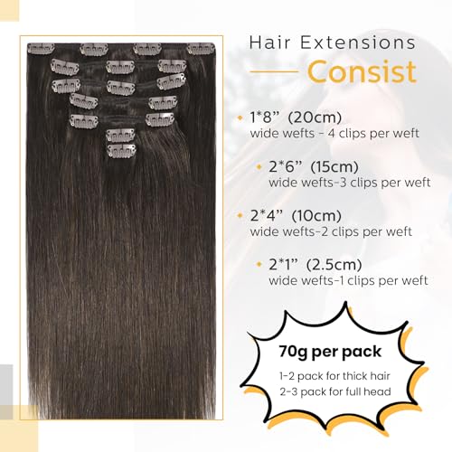 Clip in Hair Extensions Human Hair Double Weft 8A Grade No Tangling No Shedding 100% Remy Human Hair 15 Inch 7pcs 70g Dark Brown Hair Real hair for Fashion Women