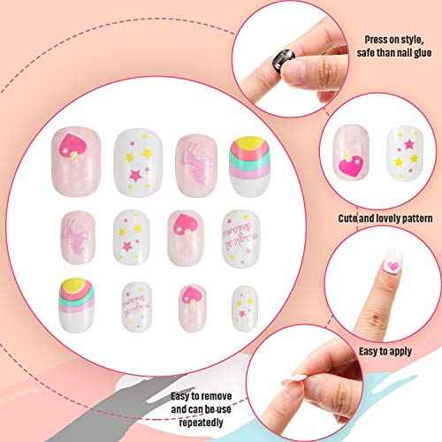 Maitys 240 Pcs Children False Nails Fall Thanksgiving Kids Girls Press on Short Artificial Fake Nails Pre Glue Full Cover Acrylic Nail Kit for Children Girl Nail Decoration, 10 Boxes(Pink Heart)
