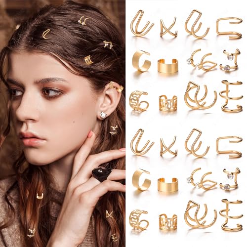 24 Pcs Non-Piercing Ear Cuffs & Hair Beads Set for Women & Men