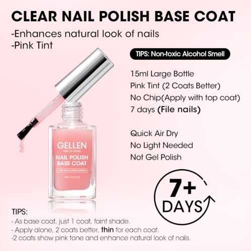 GELLEN 4-in-1 Calcium Nail Strengthener Base Coat - Quick Air Dry Pink Tint