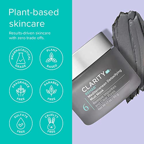 ClarityRx Rehab Mediterranean Detoxifying Mud Face Mask, Plant-Based Natural Moisturizing Acne Treatment for Oily, Acne-Prone Skin (1.7 oz)