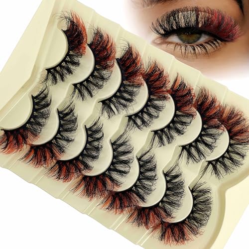 Colored Lashes Mink Fluffy CD Curl Red Eyelashes Strips Halloween 3D Faux Mink Dramatic 20MM Long Colorful False Eyelashes Wispy Lash 7 Pairs Pack YH-C01