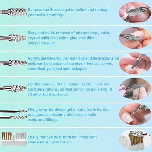 6Pcs Nail Drill Bits Set Professional, 3/32'' Electric Nail Drill Bits for Acrylic Gel Nails, Cuticle Nail Drill Bit Quick Gel Polish Remover Manicure Pedicure Tools with Cleaning Brush (Red)